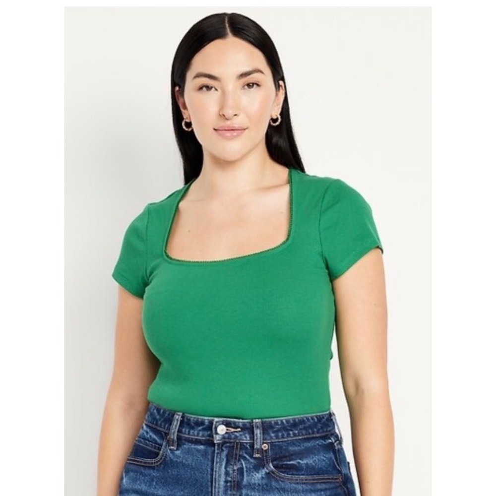 Old‎ Navy NWT Womens Green Ribbed Square Neck Picot Trim Short Sleeve Top - 3XL